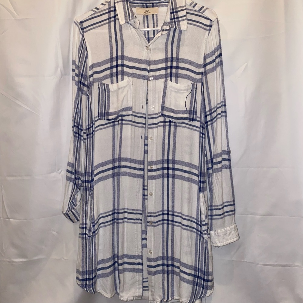 Thread + Supply: White and Blue Button Up Plaid Dress with Pockets